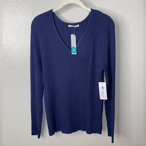 XL Pink Clover Navy Kenosha Fitted V Neck Sweater